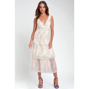 LULU’S BLUE & WHITE LACE VIVIANA MIDI DRESS